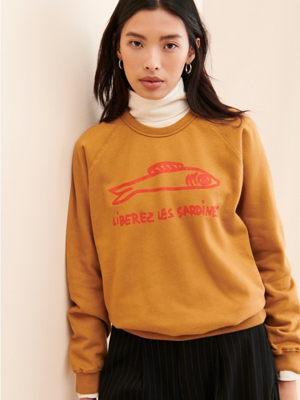 Clare V Les Sardines Xl Mustard Yellow Graphic Sweatshirt - Women Sweaters